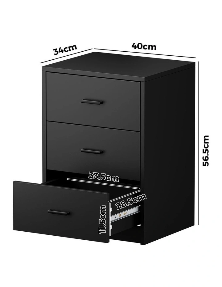 Oikiture Bedside Table 3 Drawers Nightstand Bedroom Storage Side End Black image 3
