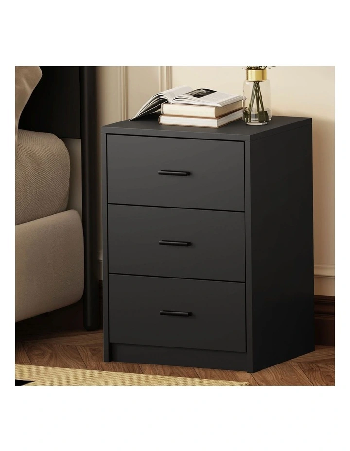 Oikiture Bedside Table 3 Drawers Nightstand Bedroom Storage Side End Black image 4