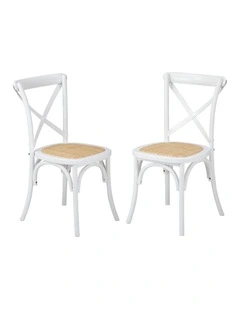 Oikiture 2PCS Crossback Dining Chair Solid Birch Timber Wood Ratan Seat White