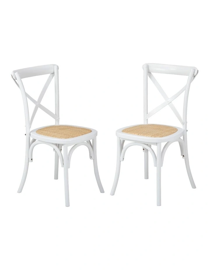 Oikiture 2PCS Crossback Dining Chair Solid Birch Timber Wood Ratan Seat White image 1