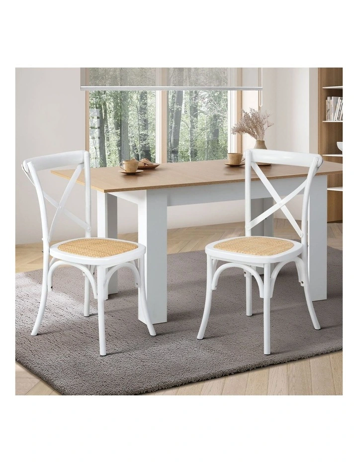 Oikiture 2PCS Crossback Dining Chair Solid Birch Timber Wood Ratan Seat White image 4