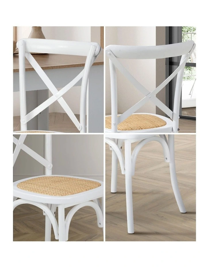 Oikiture 2PCS Crossback Dining Chair Solid Birch Timber Wood Ratan Seat White image 6