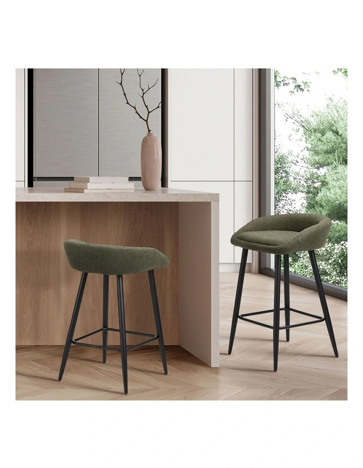 Oikiture Bar Stools Set of 2 Kitchen Dining Chairs Counter Stools Green Boucle image 5