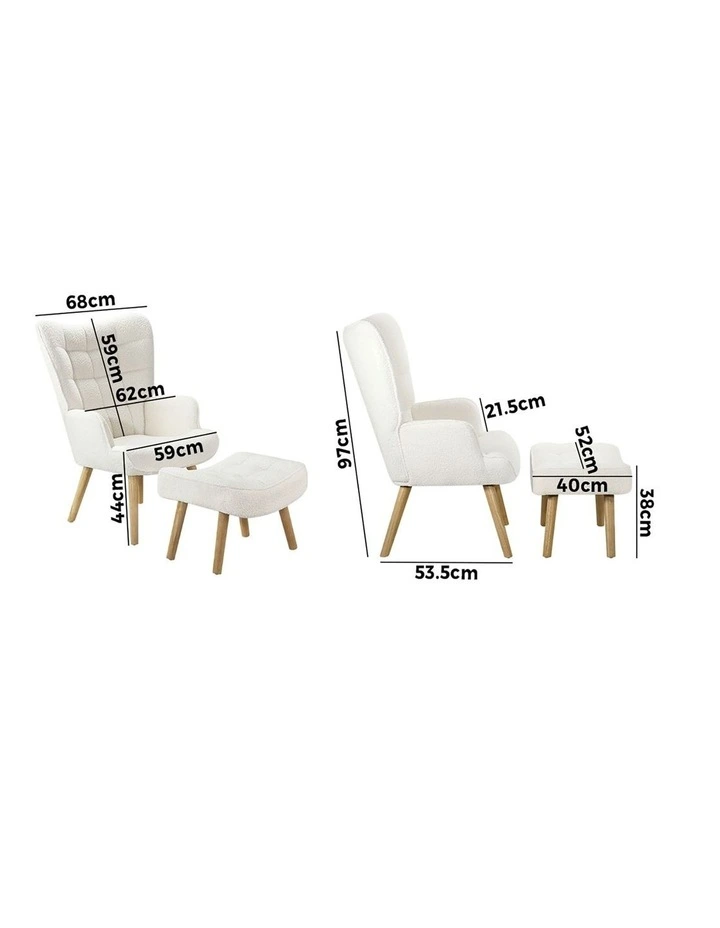 Oikiture Armchair Lounge Chair Ottoman Accent Armchairs Sherpa Sofa Chairs White image 3