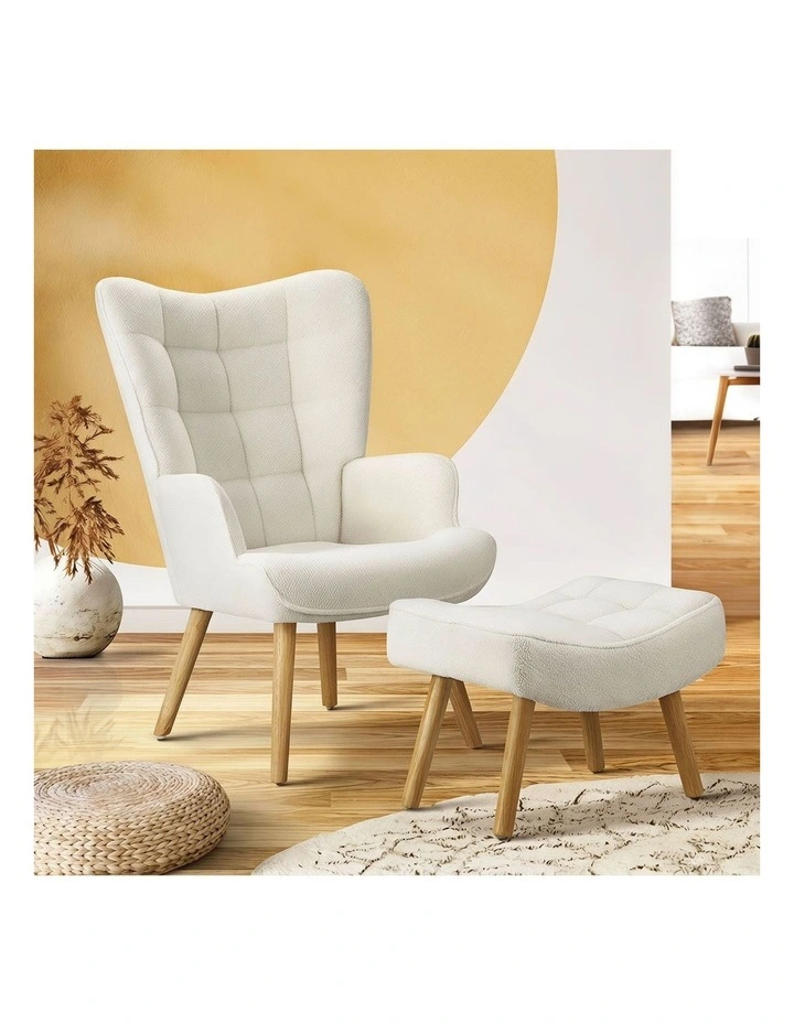 Oikiture Armchair Lounge Chair Ottoman Accent Armchairs Sherpa Sofa Chairs White image 4