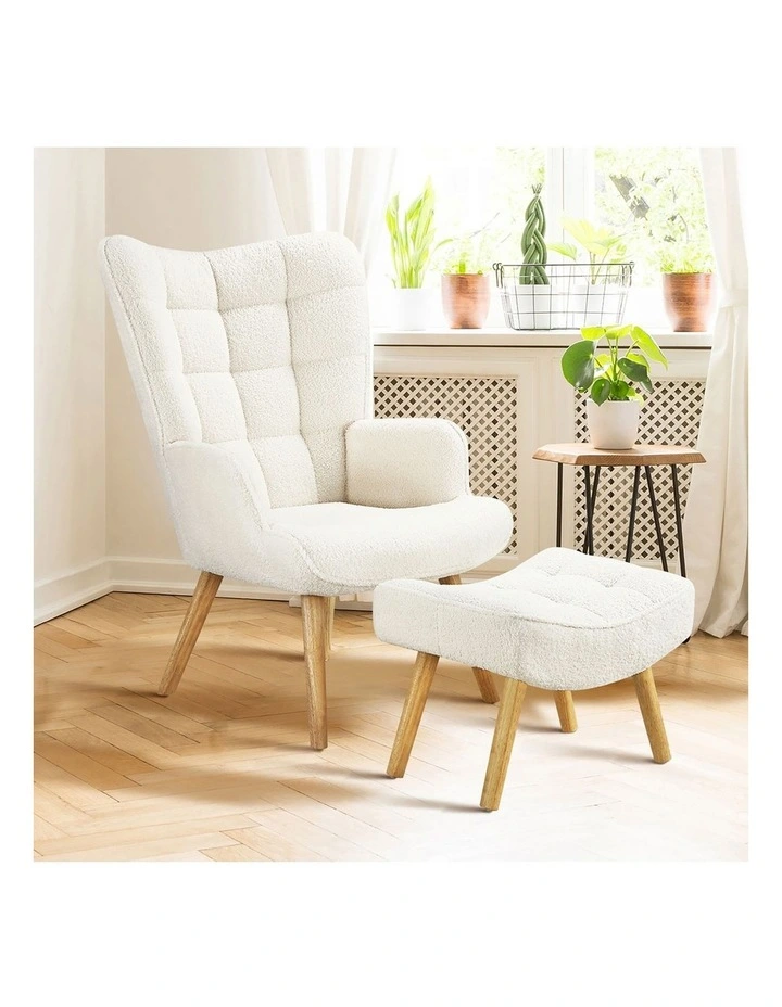 Oikiture Armchair Lounge Chair Ottoman Accent Armchairs Sherpa Sofa Chairs White image 5