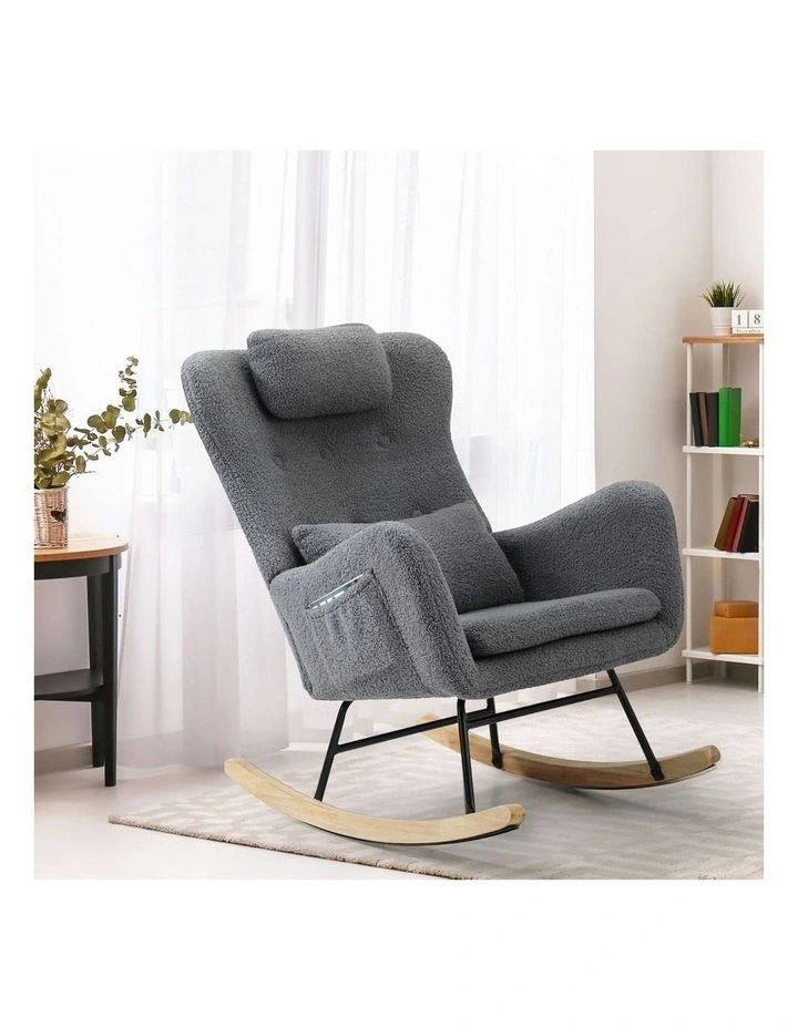 Oikiture Rocking Chair Nursing Armchair Sherpa Accent Chairs With 2 Pillow Grey image 4
