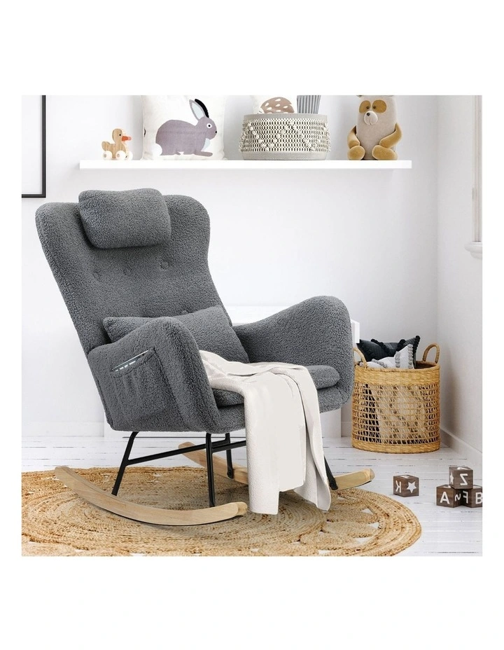 Oikiture Rocking Chair Nursing Armchair Sherpa Accent Chairs With 2 Pillow Grey image 5