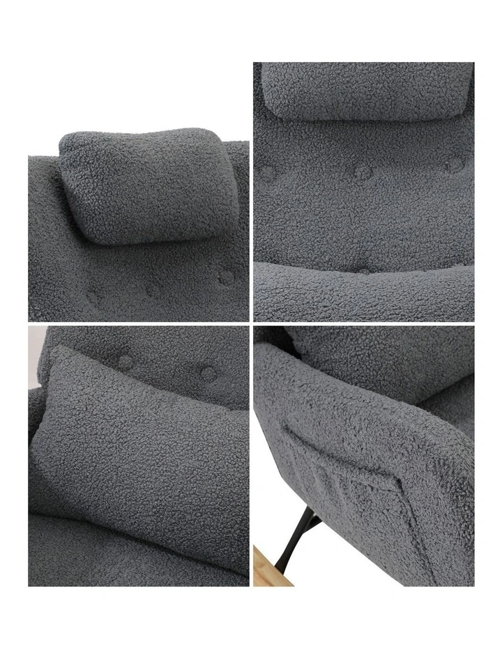 Oikiture Rocking Chair Nursing Armchair Sherpa Accent Chairs With 2 Pillow Grey image 6