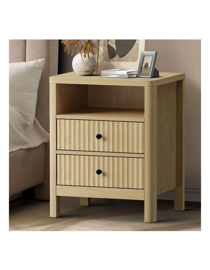 Oikiture Bedside Table 2 Drawers Side End Tables Nightstand Open Shelf Natural image 4