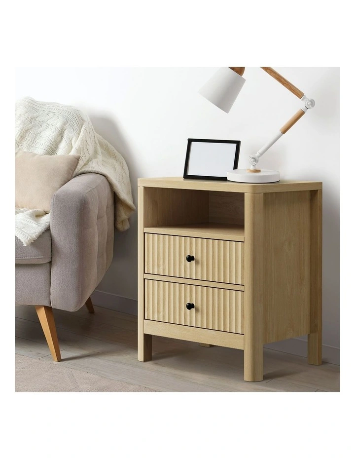 Oikiture Bedside Table 2 Drawers Side End Tables Nightstand Open Shelf Natural image 5