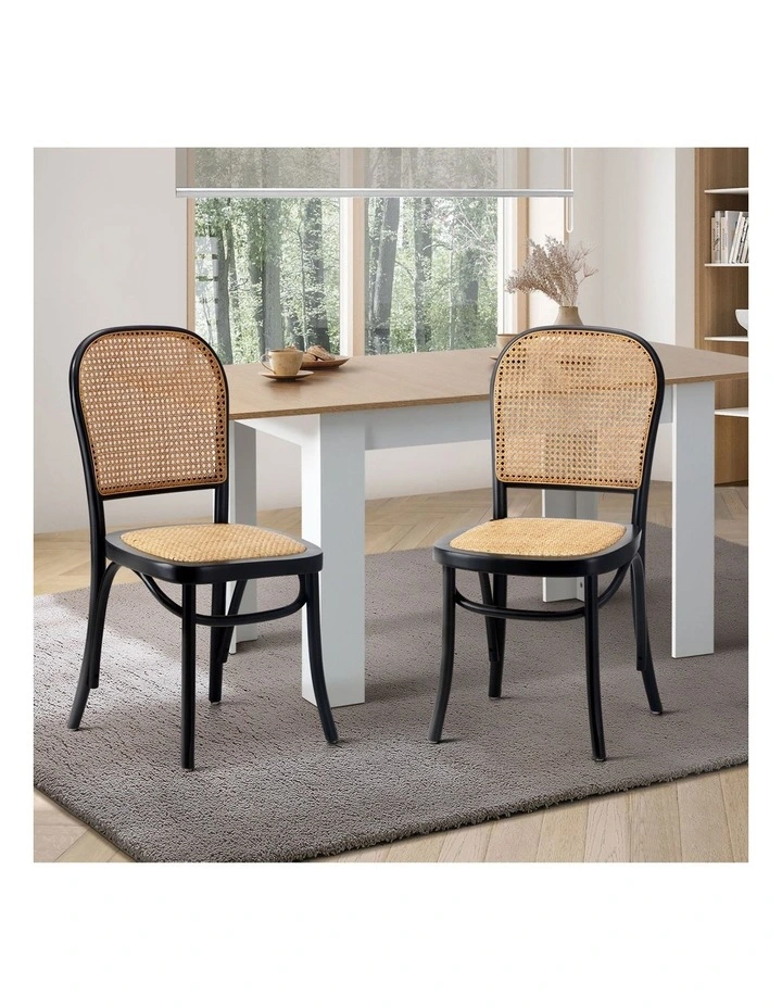 Oikiture 2PCS Dining Chairs Wooden Chairs Rattan Accent Chair Black image 4