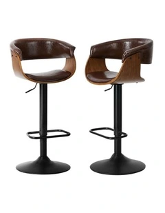 Oikiture 2x Bar Stools Swivel Gas Lift Counter Stool Armrest Leather Brown