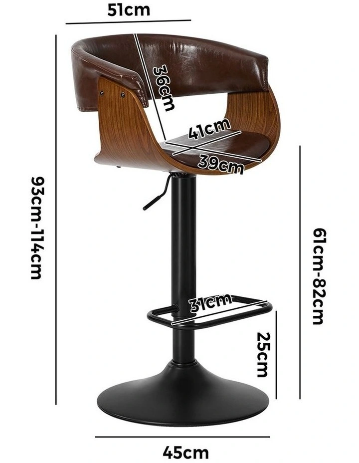 Oikiture 2x Bar Stools Swivel Gas Lift Counter Stool Armrest Leather Brown image 3