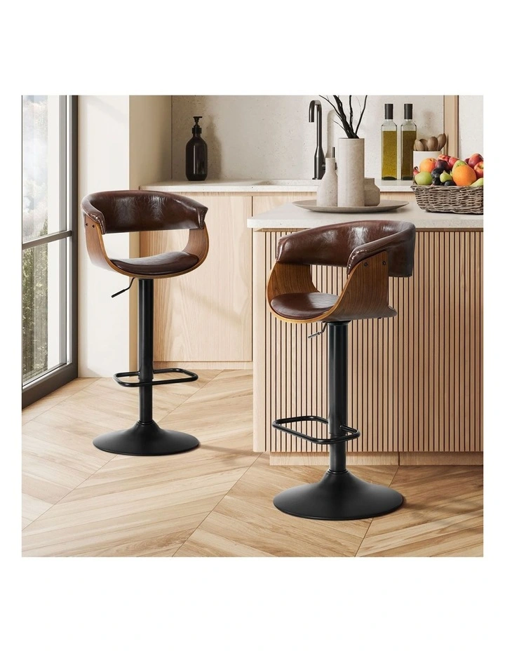 Oikiture 2x Bar Stools Swivel Gas Lift Counter Stool Armrest Leather Brown image 4