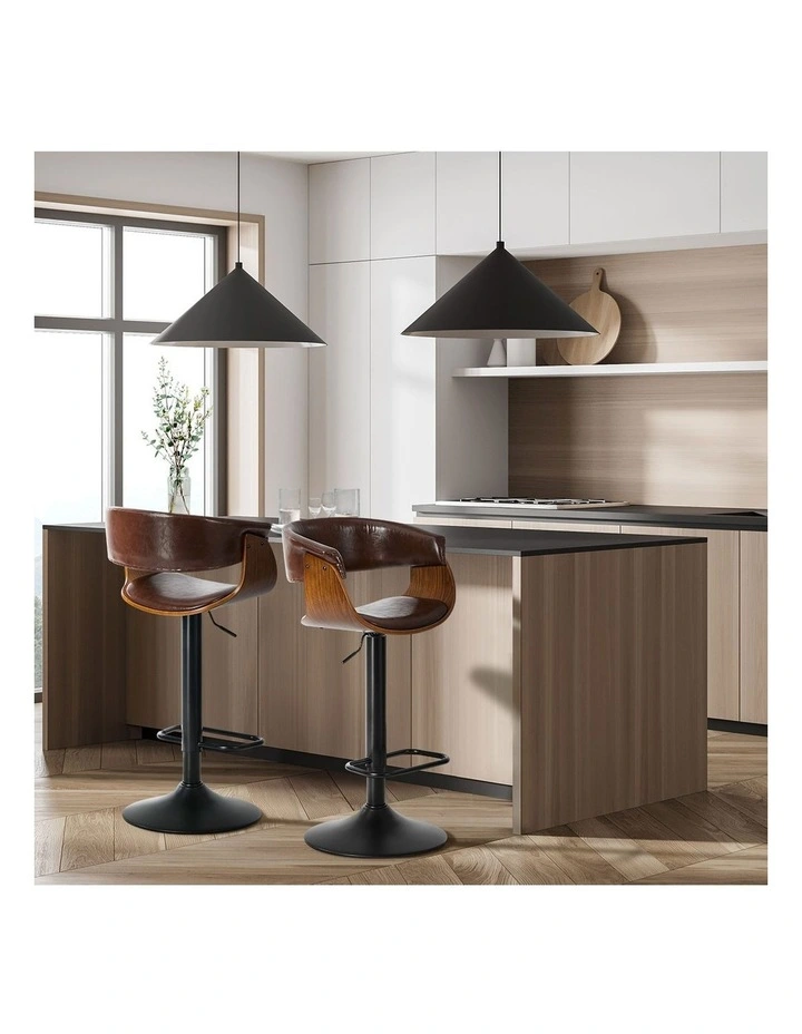 Oikiture 2x Bar Stools Swivel Gas Lift Counter Stool Armrest Leather Brown image 5