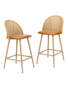 Oikiture Bar Stools Kitchen Counter Stool Rattan Dining Chair PU Brown x2