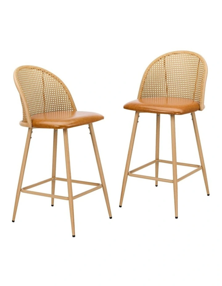Oikiture Bar Stools Kitchen Counter Stool Rattan Dining Chair PU Brown x2 image 1