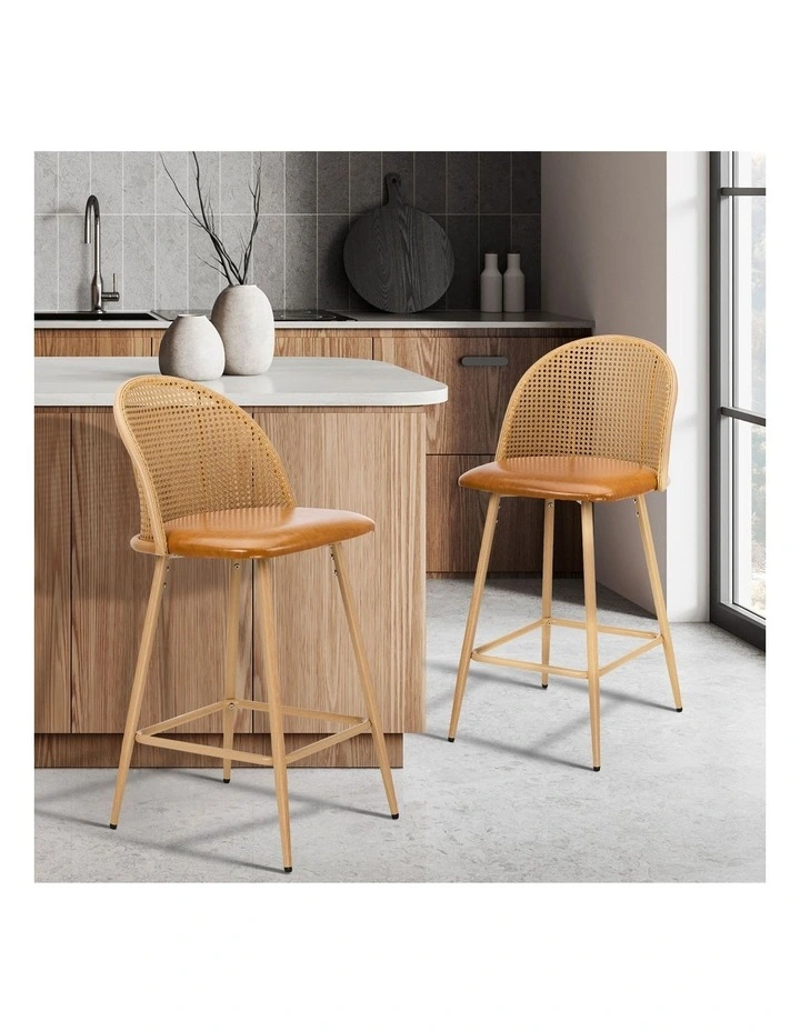 Oikiture Bar Stools Kitchen Counter Stool Rattan Dining Chair PU Brown x2 image 4