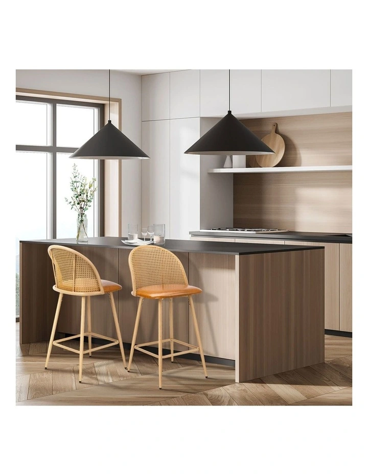 Oikiture Bar Stools Kitchen Counter Stool Rattan Dining Chair PU Brown x2 image 5
