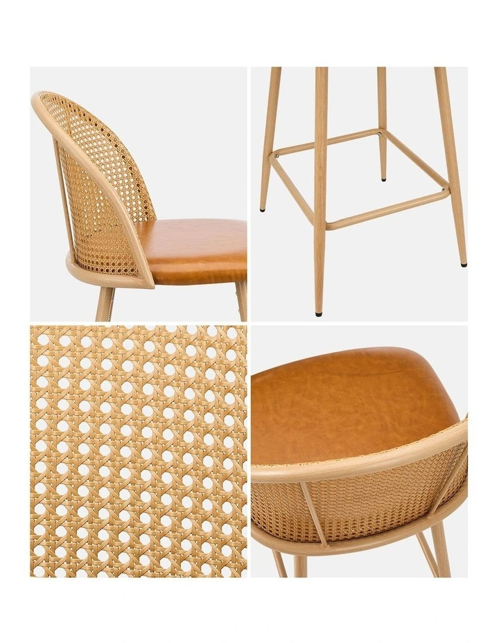 Oikiture Bar Stools Kitchen Counter Stool Rattan Dining Chair PU Brown x2 image 6