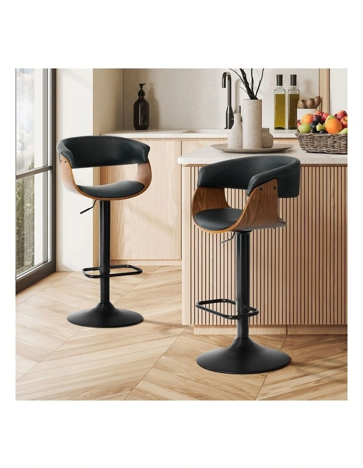 Oikiture 2x Bar Stools Swivel Gas Lift Counter Stool Armrest Leather Black image 4