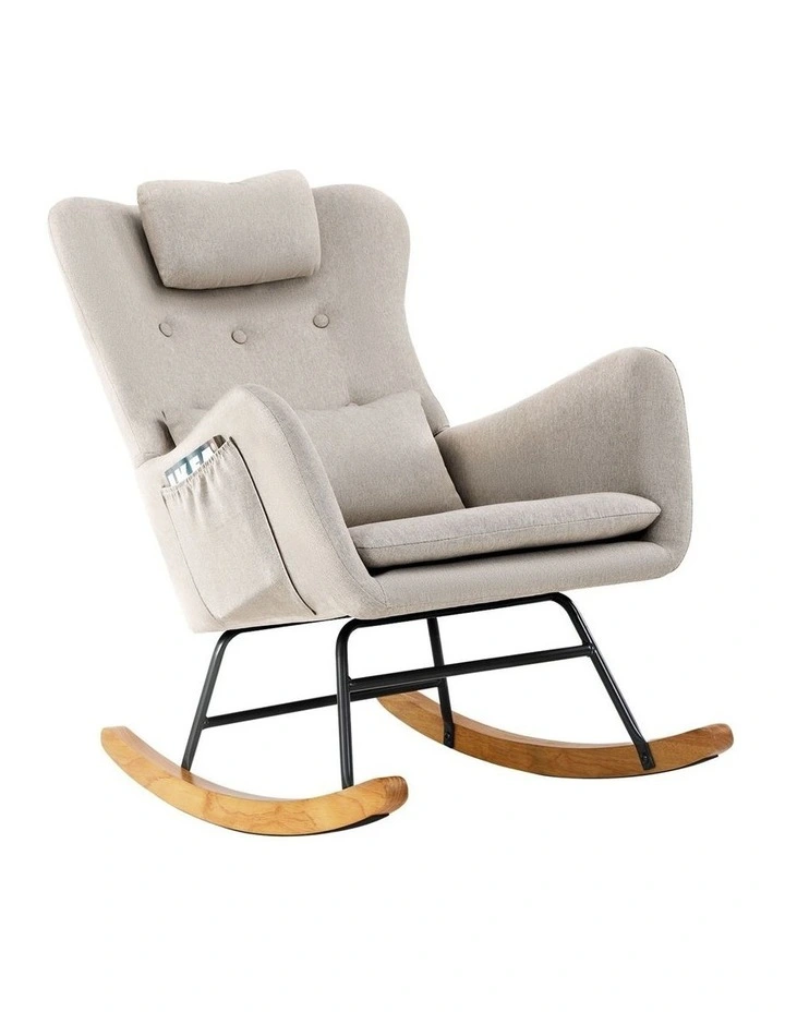 Oikiture Rocking Chair Nursing Armchair Linen Accent Chairs With 2 Pillow Beige image 1