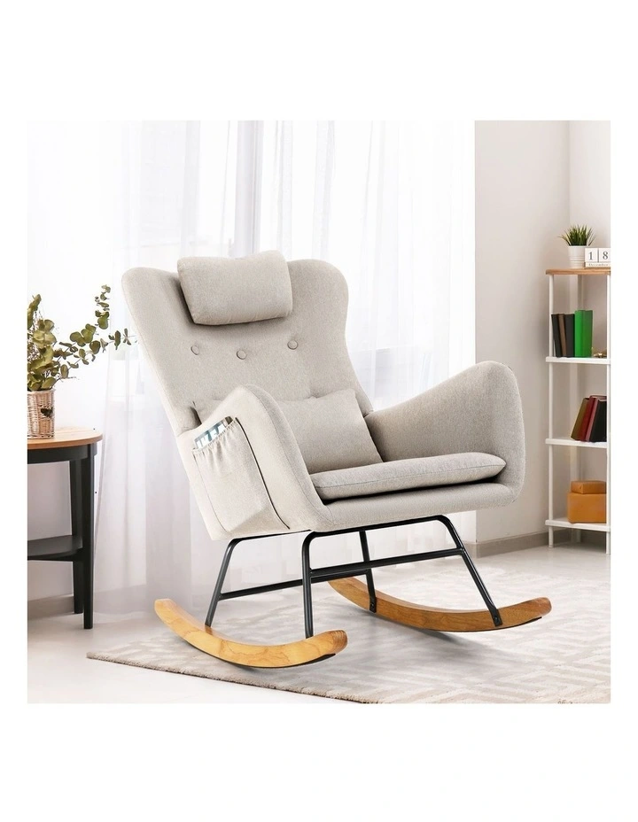 Oikiture Rocking Chair Nursing Armchair Linen Accent Chairs With 2 Pillow Beige image 4