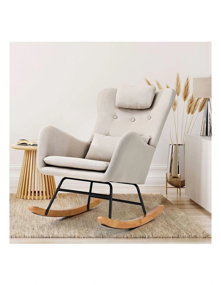 Oikiture Rocking Chair Nursing Armchair Linen Accent Chairs With 2 Pillow Beige image 5