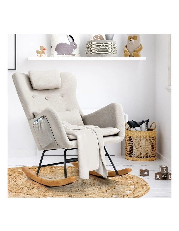 Oikiture Rocking Chair Nursing Armchair Linen Accent Chairs With 2 Pillow Beige image 6