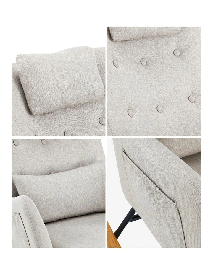 Oikiture Rocking Chair Nursing Armchair Linen Accent Chairs With 2 Pillow Beige image 7