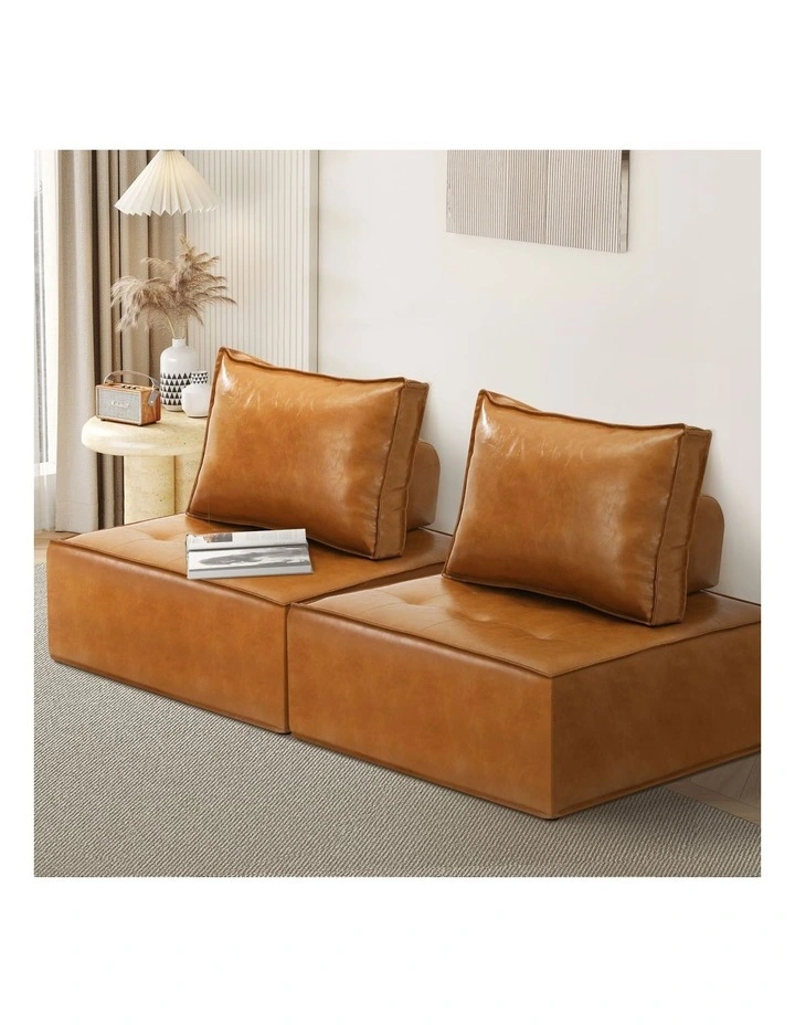 Oikiture 2PC Modular Sofa Lounge Chair Armless TOFU Back PU Leather Brown image 4