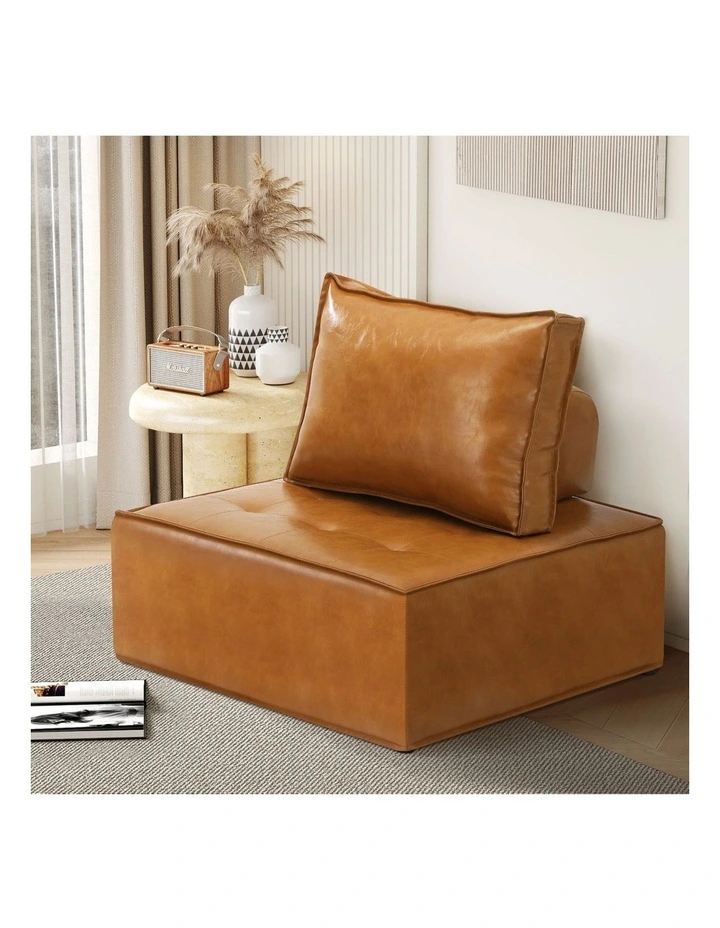 Oikiture 1PC Modular Sofa Lounge Chair Armless TOFU Back PU Leather Brown image 4