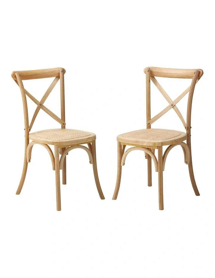 Oikiture 2PCS Crossback Dining Chair Solid Birch Timber Wood Ratan Seat Wooden image 1