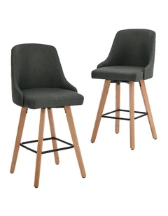 Oikiture 2x Bar Stools Kitchen Dining Chairs Swivel Wooden Stool Linen Grey