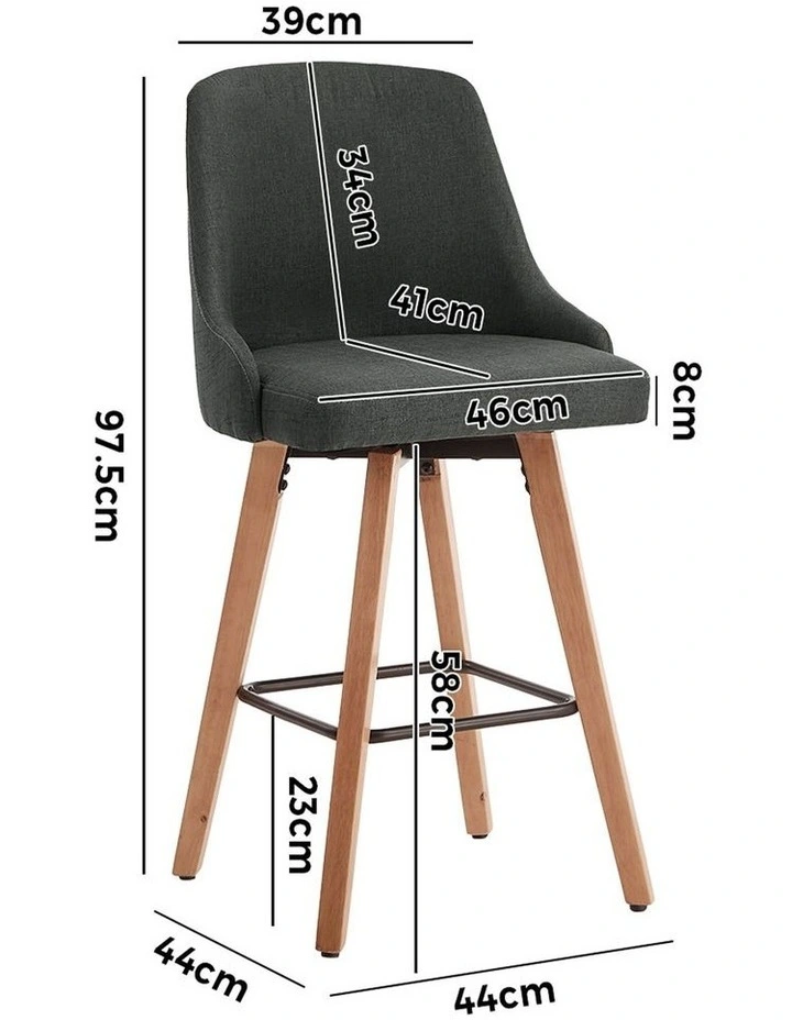 Oikiture 2x Bar Stools Kitchen Dining Chairs Swivel Wooden Stool Linen Grey image 3