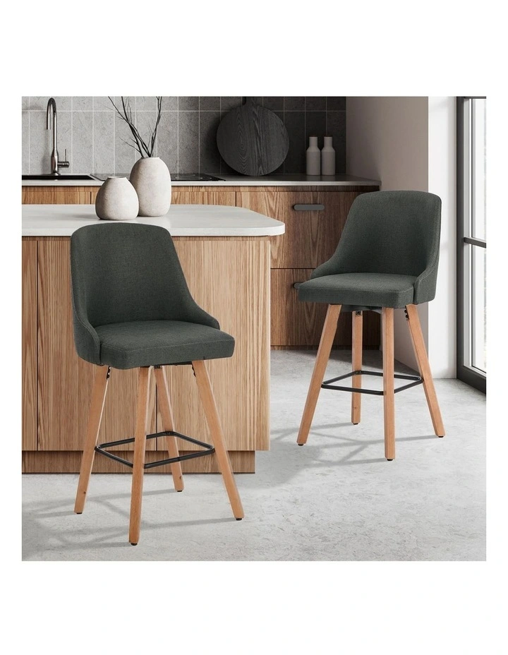Oikiture 2x Bar Stools Kitchen Dining Chairs Swivel Wooden Stool Linen Grey image 4