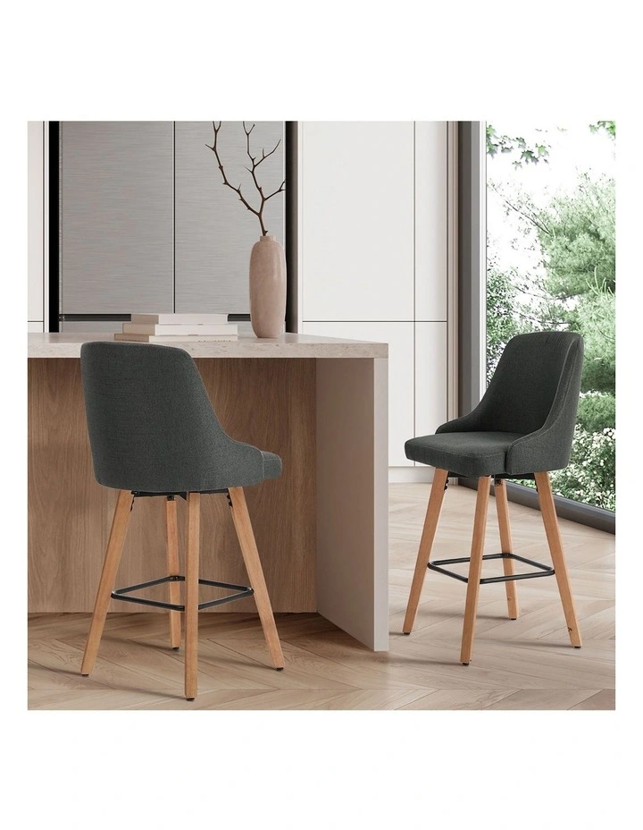 Oikiture 2x Bar Stools Kitchen Dining Chairs Swivel Wooden Stool Linen Grey image 5