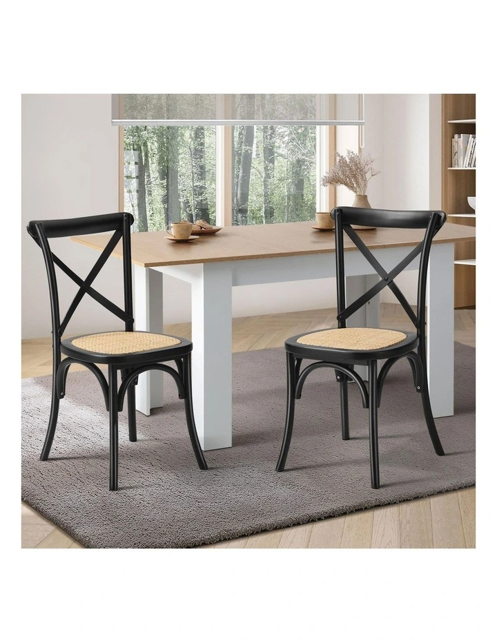 Oikiture 2PCS Crossback Dining Chair Solid Birch Timber Wood Ratan Seat Black image 4