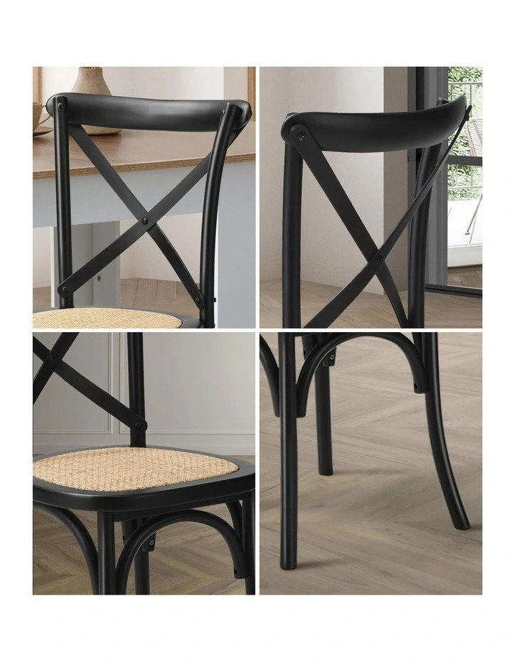 Oikiture 2PCS Crossback Dining Chair Solid Birch Timber Wood Ratan Seat Black image 6