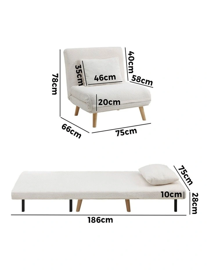Oikiture Sofa Bed Lounge Chair Sherpa Fabric Recliner Wood Leg Single Seat White image 3