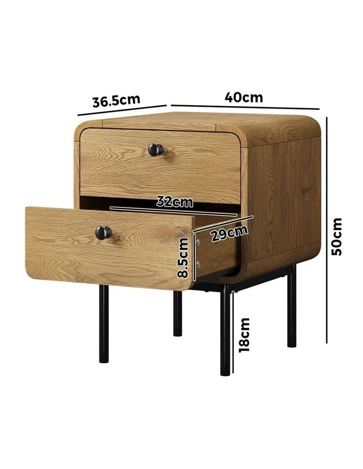 Oikiture Bedside Table 2 Drawers Side Table Bedroom Nightstand Metal Natural image 3