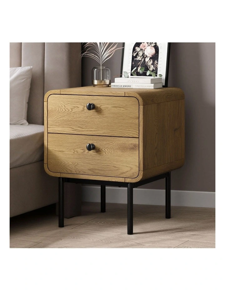 Oikiture Bedside Table 2 Drawers Side Table Bedroom Nightstand Metal Natural image 4
