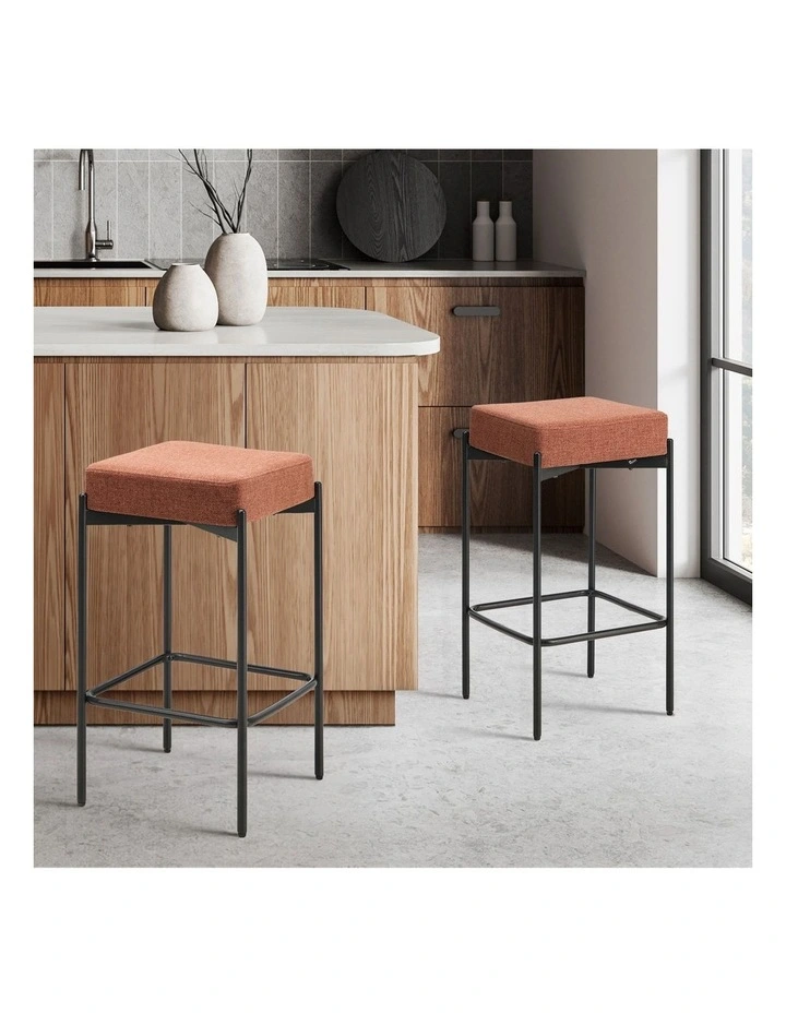 Oikiture 2x Bar Stools Kitchen Counter Dining Chair Linen Seat Metal Orange image 4