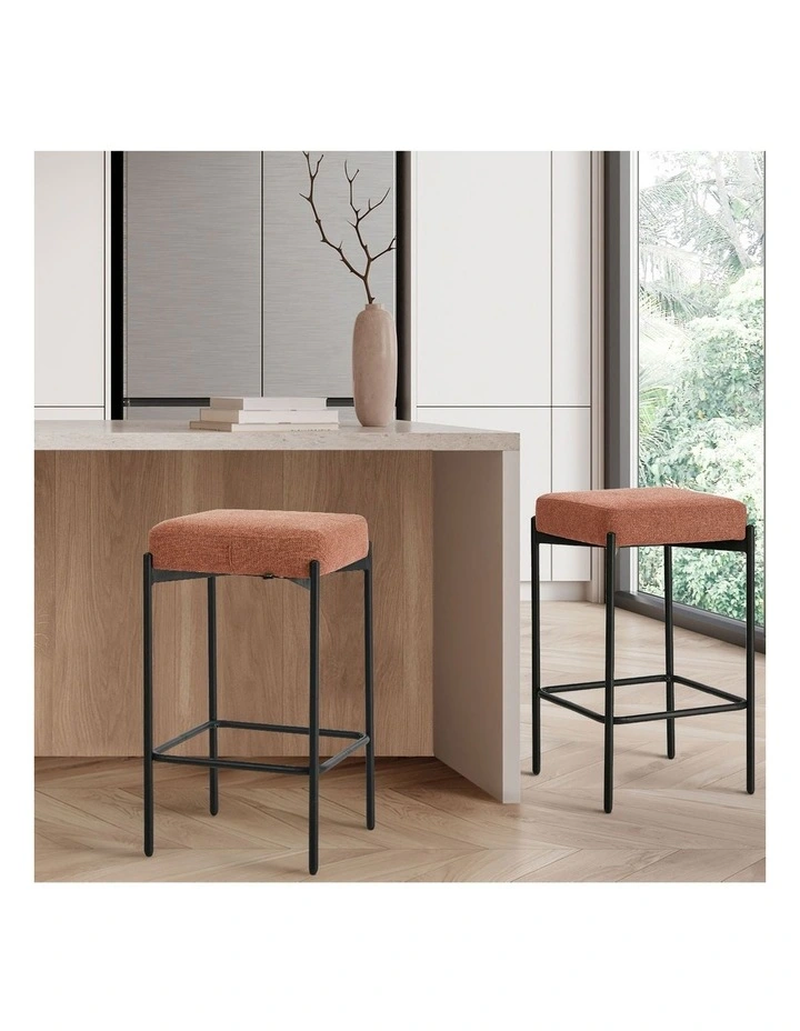 Oikiture 2x Bar Stools Kitchen Counter Dining Chair Linen Seat Metal Orange image 5