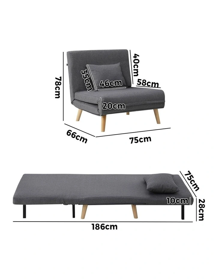 Oikiture Sofa Bed Lounge Chair Linen Fabric Recliner Wood Leg Single Seat Grey image 3