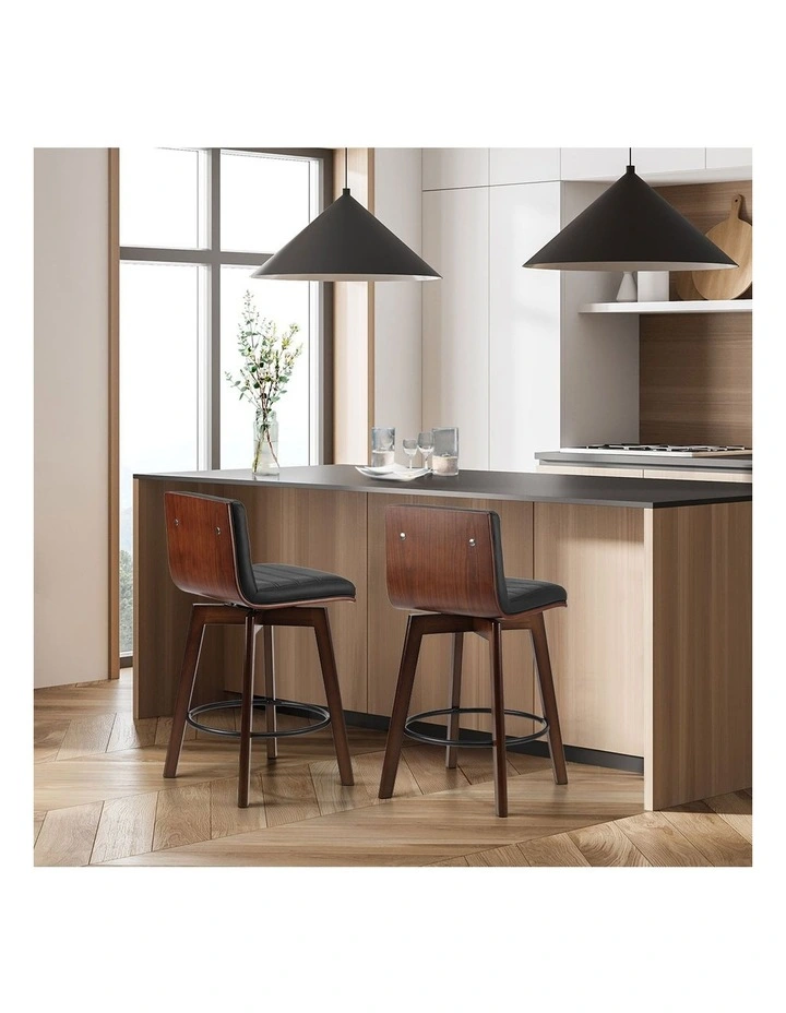 Oikiture 2x Wooden Bar Stools Kitchen Counter Swivel Dining Chair PU Leather image 5