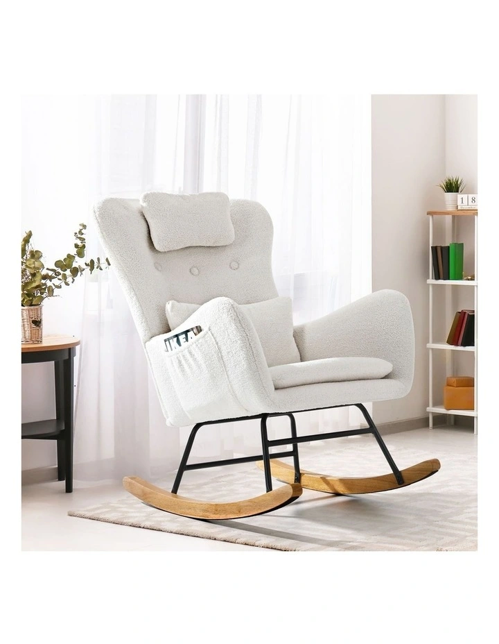 Oikiture Rocking Chair Nursing Armchair Sherpa Accent Chairs With 2 Pillow White image 4
