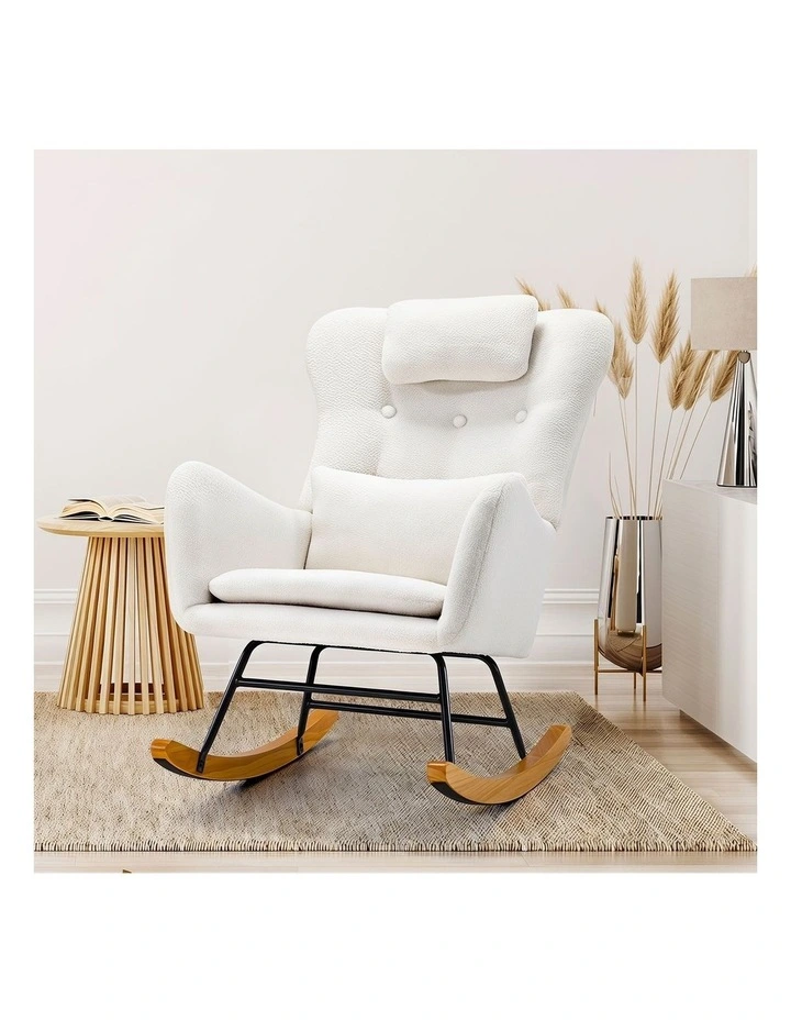 Oikiture Rocking Chair Nursing Armchair Sherpa Accent Chairs With 2 Pillow White image 5