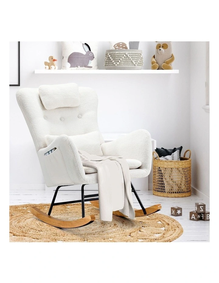 Oikiture Rocking Chair Nursing Armchair Sherpa Accent Chairs With 2 Pillow White image 6